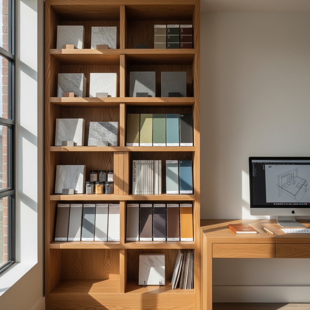 A well-organized office space with a wooden shelving unit, desk, and computer displaying a design or blueprint.