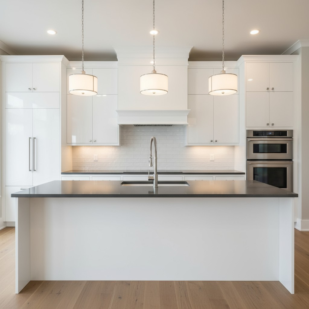 A modern, well-organized kitchen with white cabinets, countertops, and drawers, featuring a standard sink, stove, and oven.