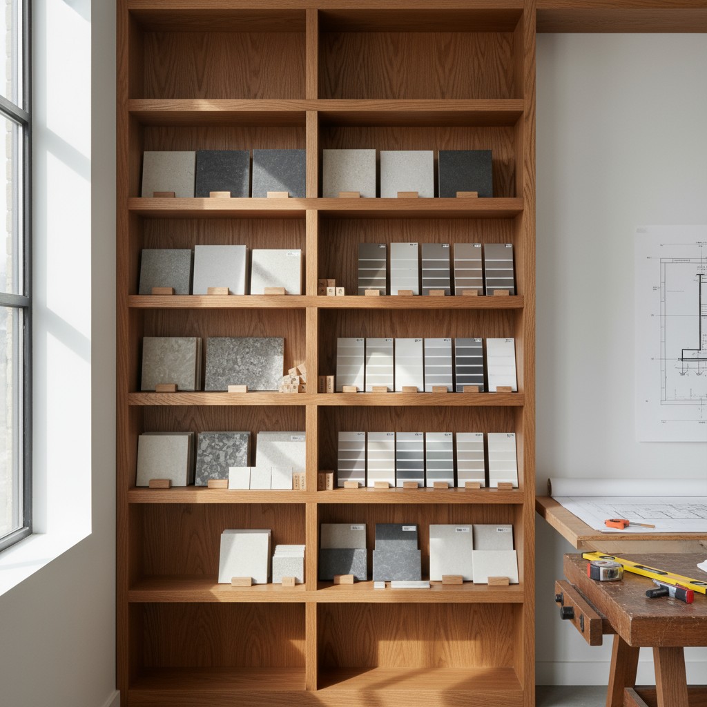 A wooden shelving unit filled with various materials, possibly for architectural or interior design purposes.