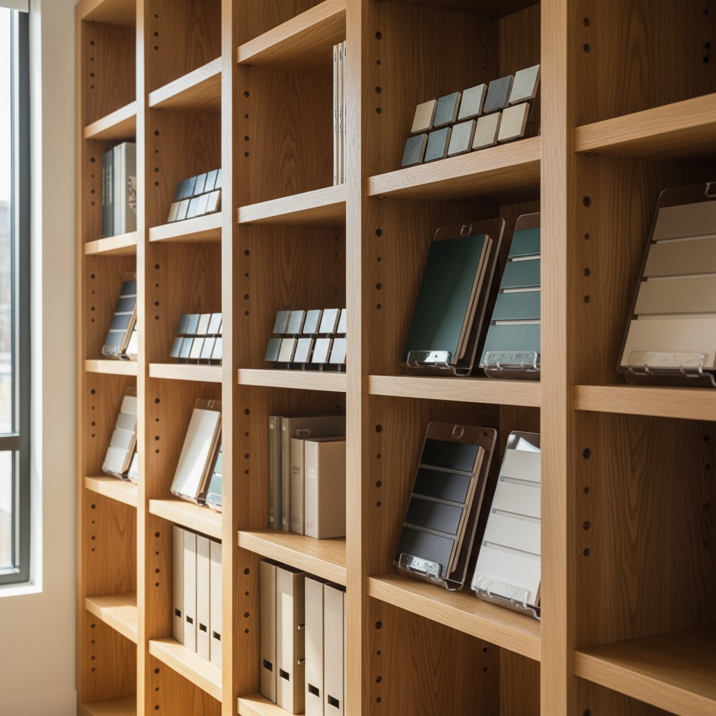 These shelves are set against the backdrop of a window with standard panes and a striking wood finish which suggests a pot...