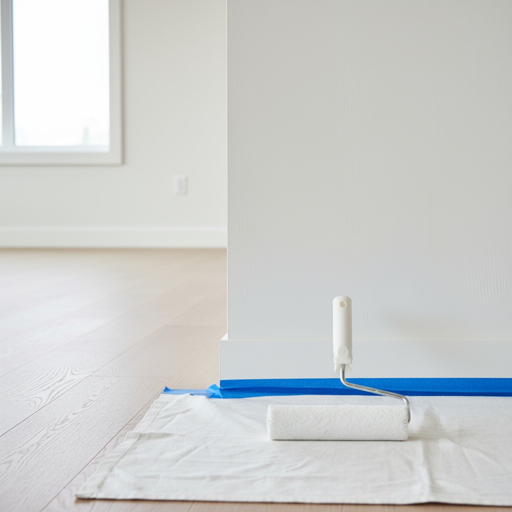 Roller on paint covered floor with blue tape around wall. Light wood floor and white walls with window.